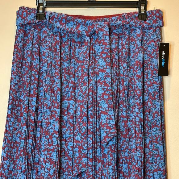 NWT Alice Blue Maroon Micro Floral Print Pleated Midi Skirt Womens Size Large L - Picture 2 of 10